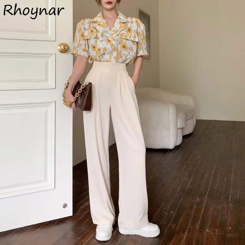 

Pant Sets Women Summer Fashion New All-match Notched Loose Leisure Temperament High Waist Floral Korean Style Lady Elegant Soft