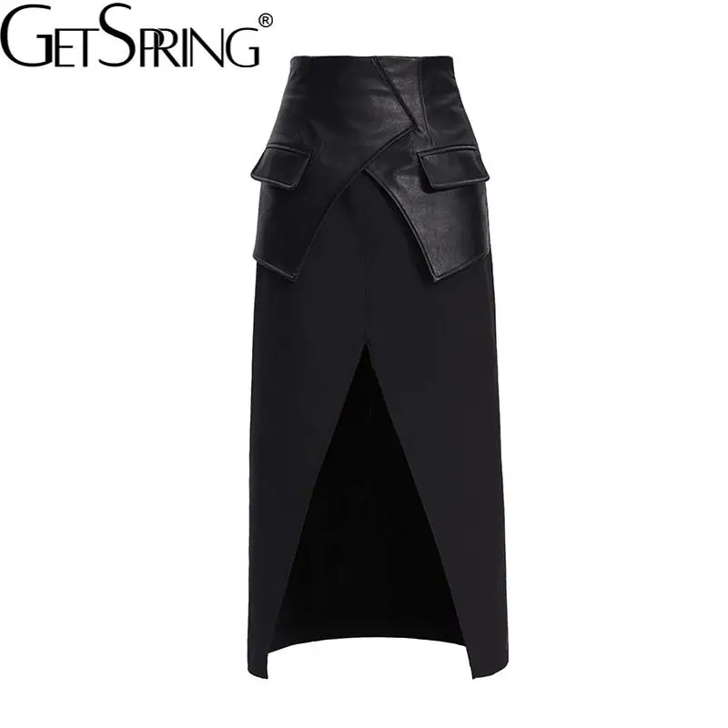 

Getspring Женская юбка с разрезом, асимметричная винтажная юбка из искусственной кожи в стиле пэчворк, Асимметричные Длинные черные юбки с высо...