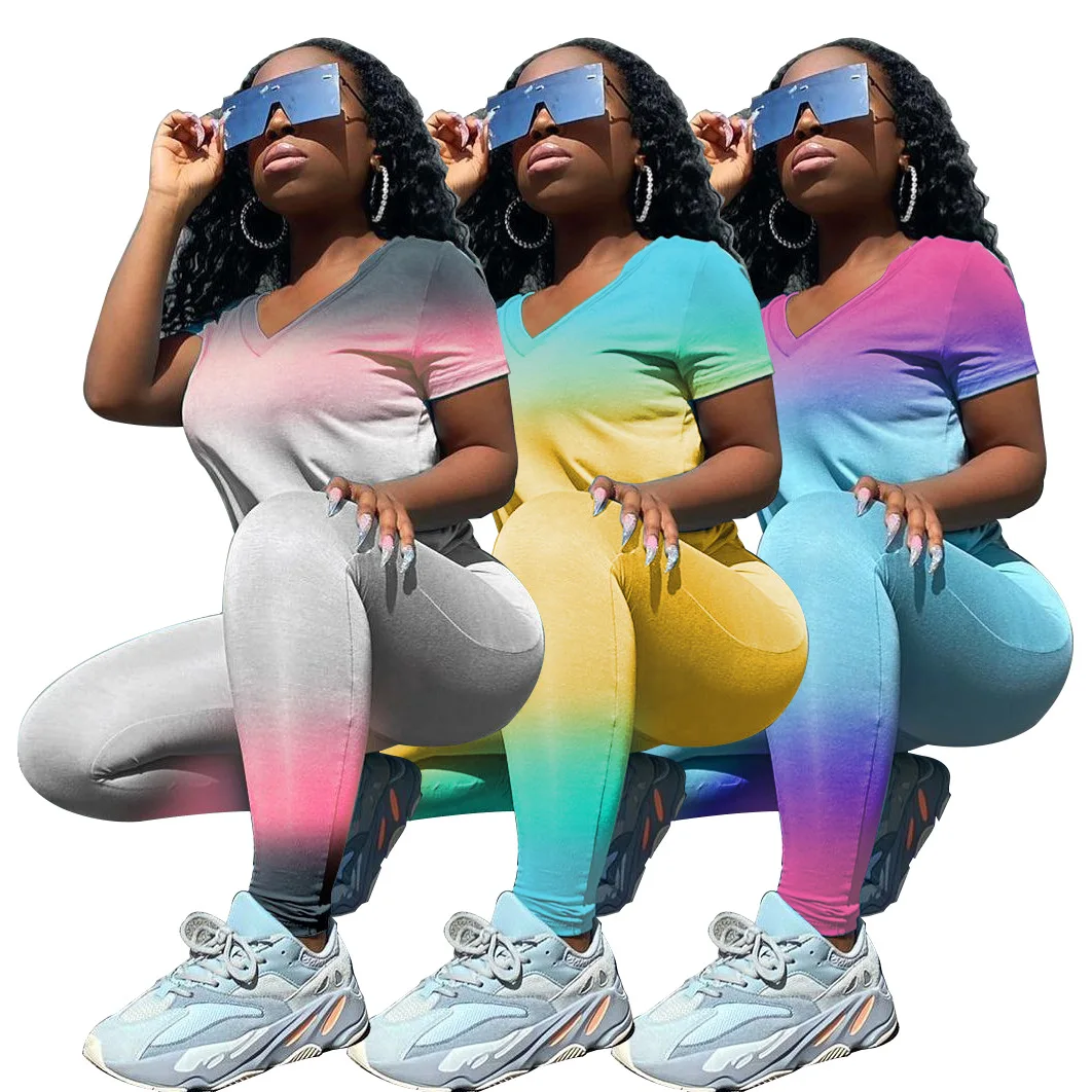 

23W8083 летний женский повседневный комплект из двух предметов Топ и v-образный вырез градиентные короткие брюки спортивный костюм наряды