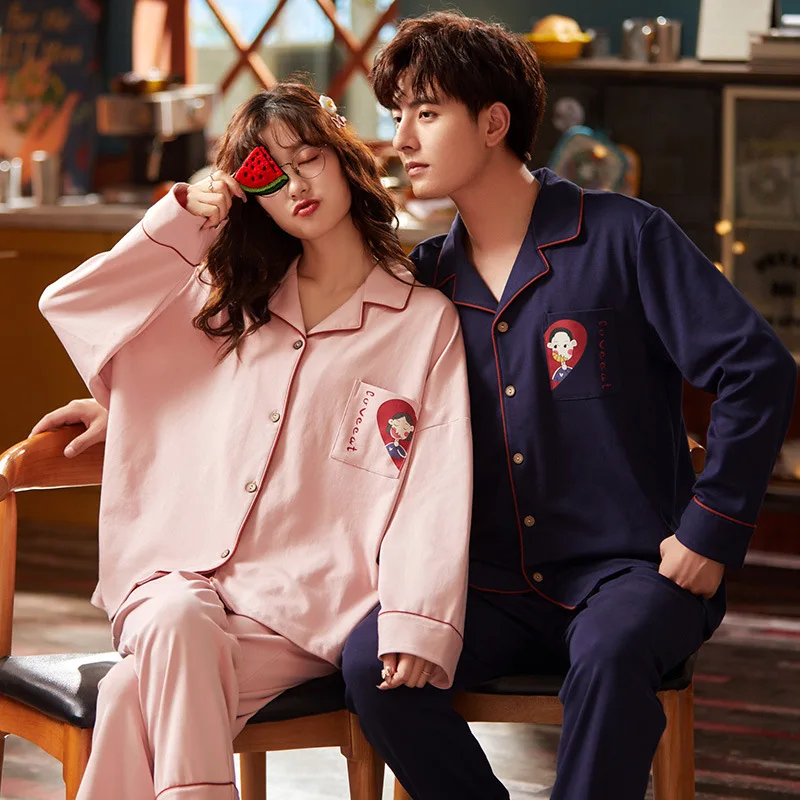 

Lover's Cotton Sleepwear Women Pajamas Set Couple Home Suit Green lattice Fashion Pijamas Casual Homewear Loose Cartoon Pyjamas