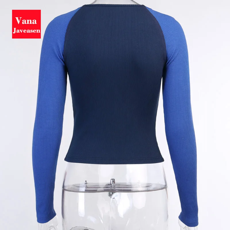 

Knitted Pit Striped Slim Tops Women T-shirt Sexy V-neck Blue Patchwork Base Tees Autumn Long Sleeve Pullover Knitwear T-shirts