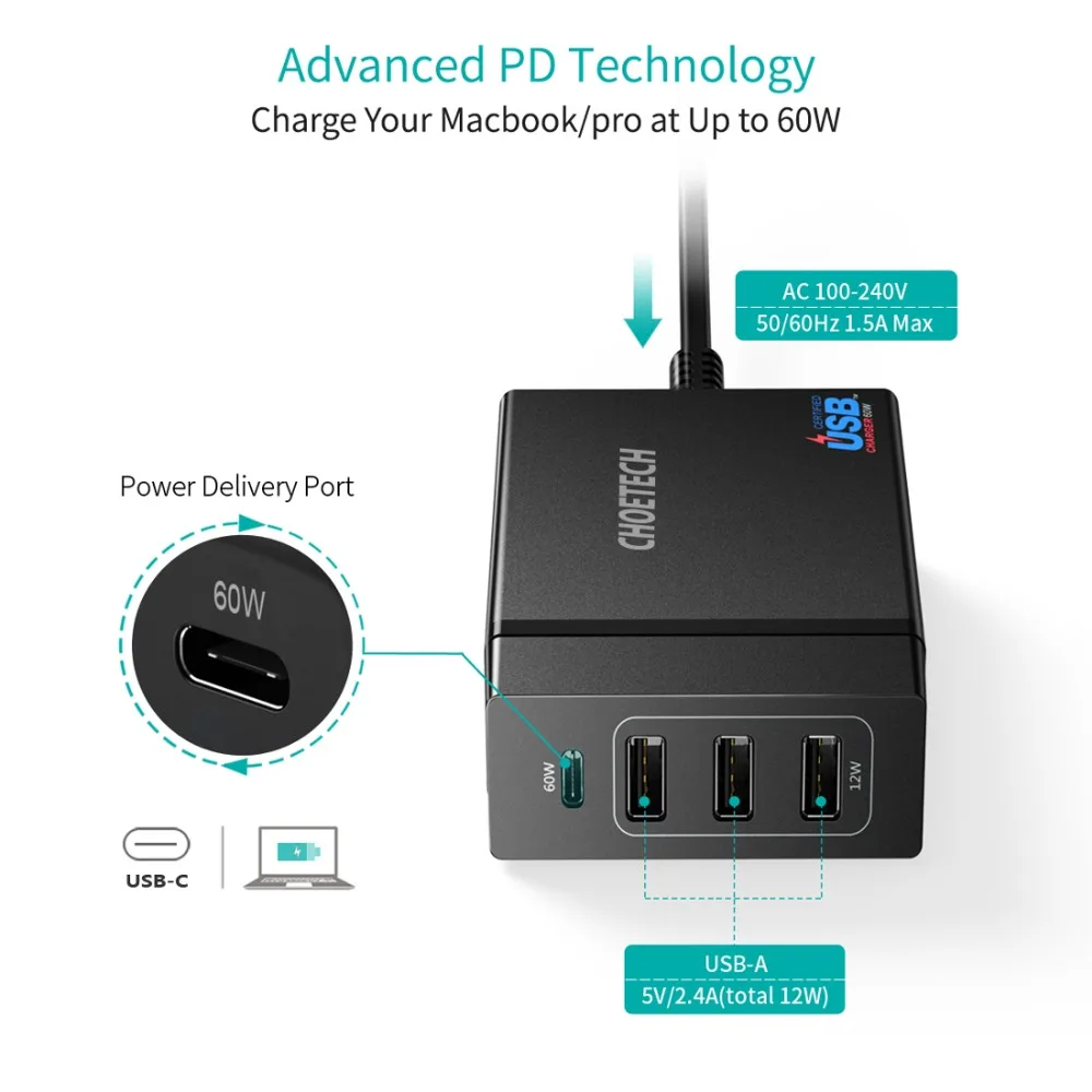 CHOETECH мульти Usb зарядное устройство USB C 4 порта 72 вт usb type PD станция для MacBook Pro iPad iPhone