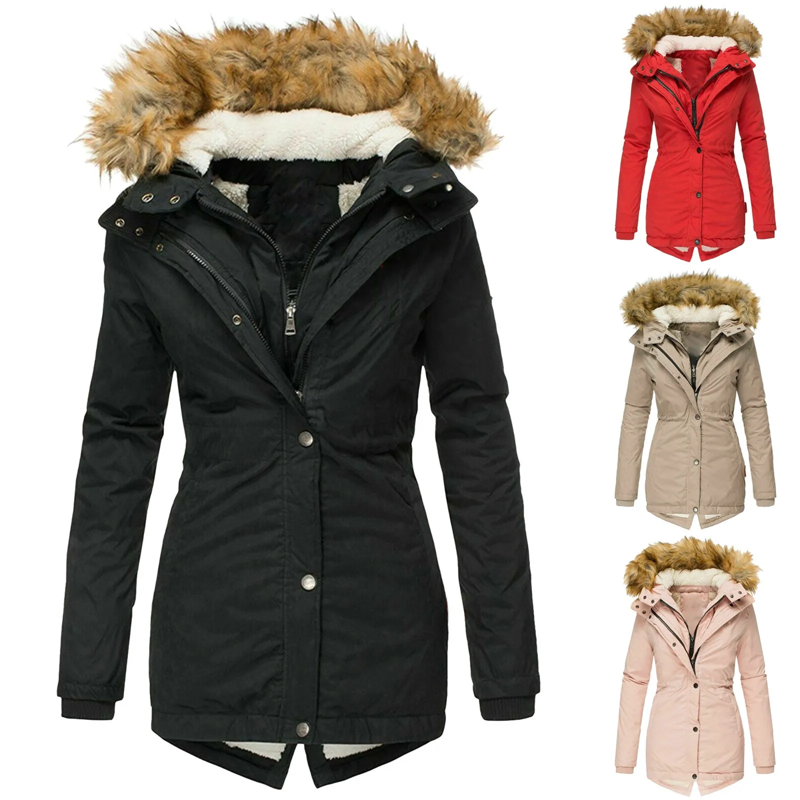 

Long Solid Coat Sleeve Warm Women Jacket Down Color Pocket Zipper Plus Size Overcoat Winter Women's Coat