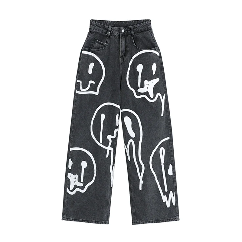 

2021 New Spring Fashion Ins Street Hip-hop Printing Wash Jeans Loose Casual Denim Wide Leg Pants Tide Woman Long Trousers