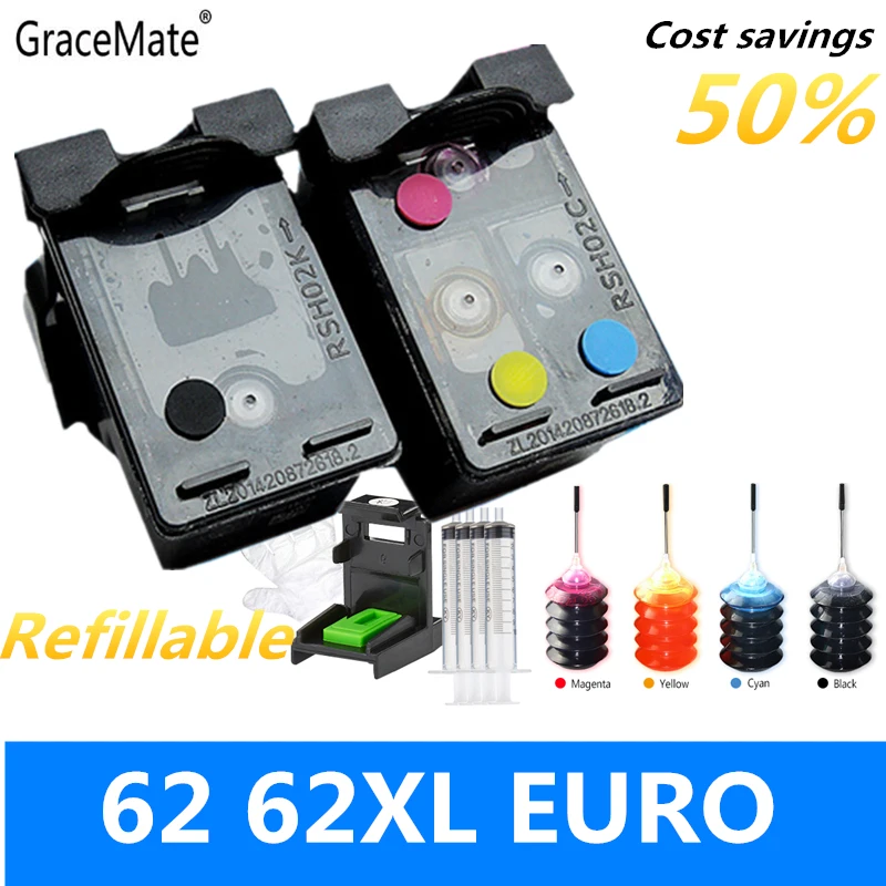 62Black and color GraceMate заполняемый картридж для чернил Замена для hp 62 XL картридж для hp Envy 5640 OfficeJet 200 5540 5740 5542 7640 принтеры - Цвет: 62Black and color