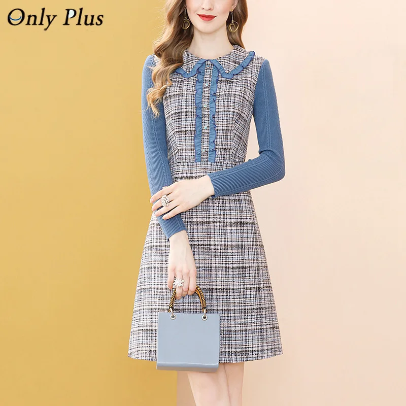 

Winter Dress For Women Tweed Patchwork Knit Long Sleeve A-Line Knee Dresses Party Plaid Fashion Blue High Waist Vestidos 2021