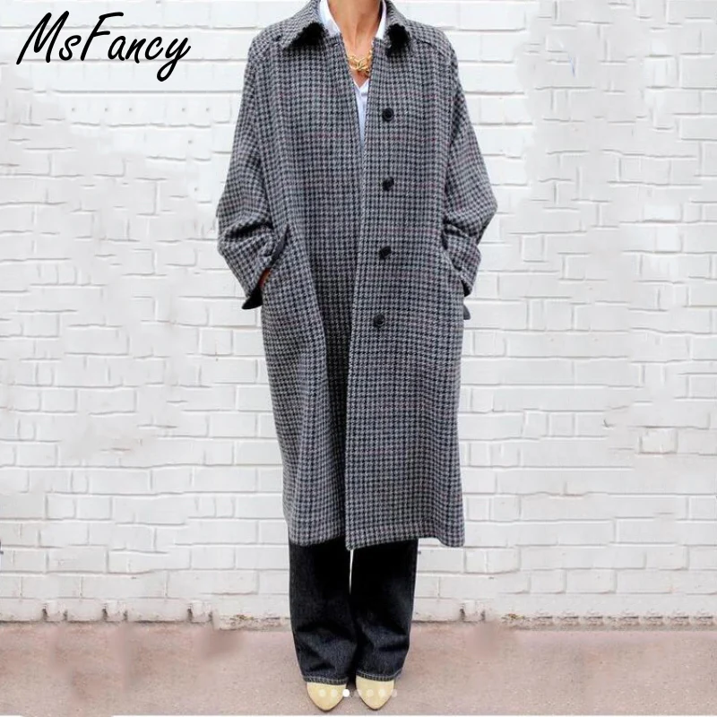 

Msfancy Classical Plaid Wool Blends Women England Style Single Breasted Overlong Jackets 2021 Winter Mujer Elegant Outwear