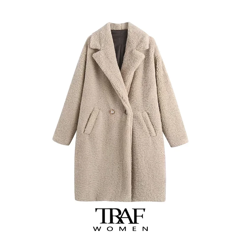 

TRAF Za Women Fashion Thick Warm Double Breasted Faux Fur Teddy Coat Vintage Long Sleeve Pockets Female Outerwear Chic Overcoat