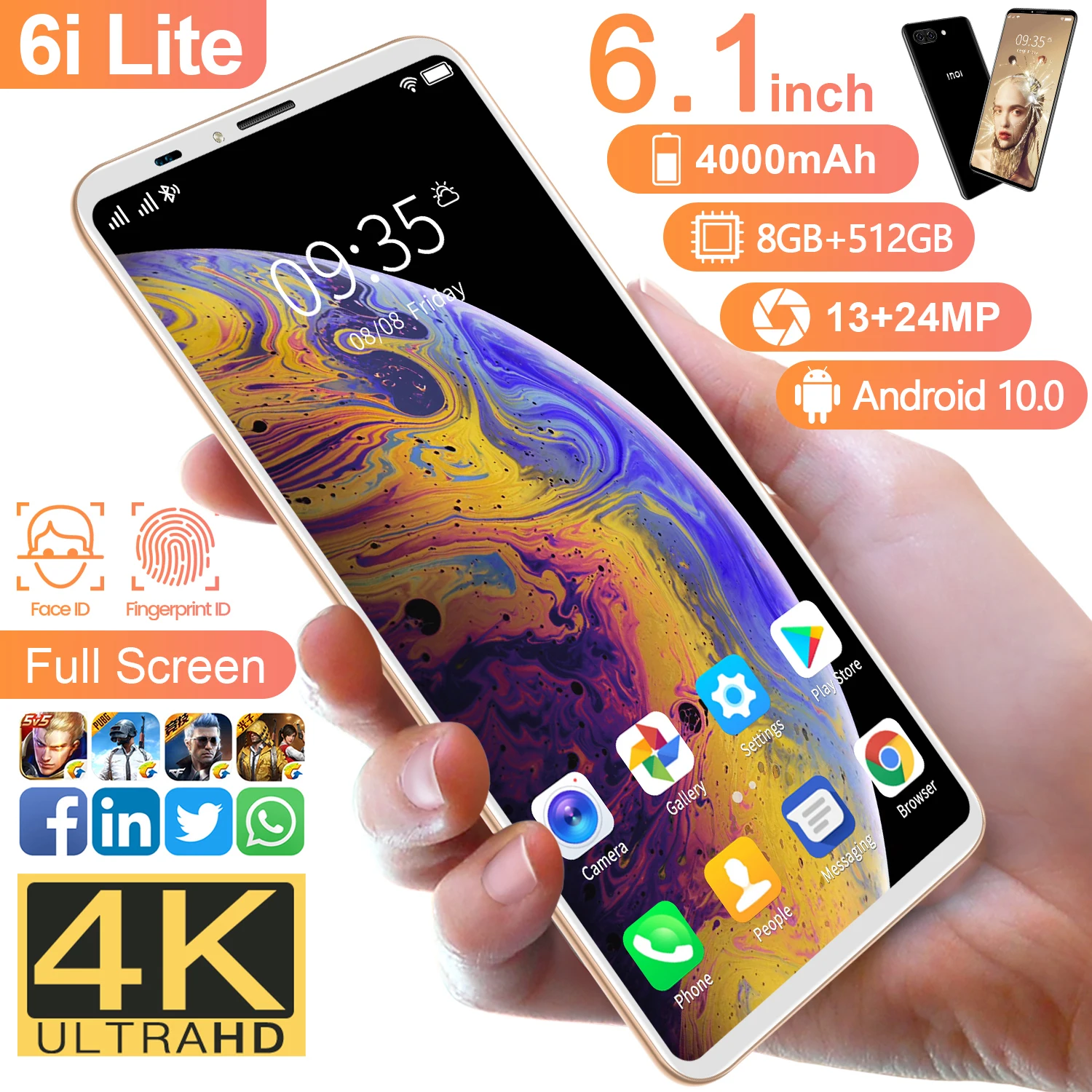 

2021 глобальная версия смартфона 6i Lite 6,1 Inch 8 ГБ + 512 ГБ Android10 Deca Core, размер экрана 4G 5G 4000 мА/ч, 13MP + 24MP MTK6899 телефон Celulares