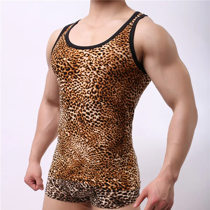 Men's Undershirt Top and Pants Set Slim Fit Men Tops Clothing Bodybuilding Fitness Shirts Tops Breathable Leopard Undershirt