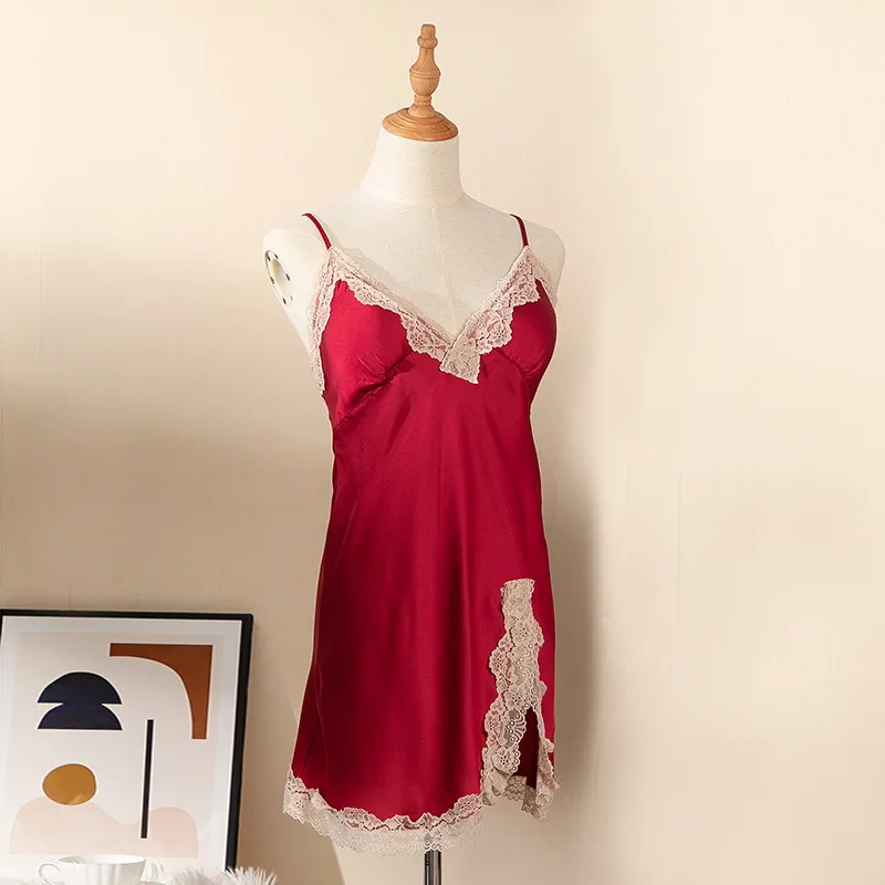 

Satin Sleepwear Intimate Lingerie Backless Women Nightgown Sexy Nightdress Spaghetti Strap Lace Home Dressing Gown Nightwear