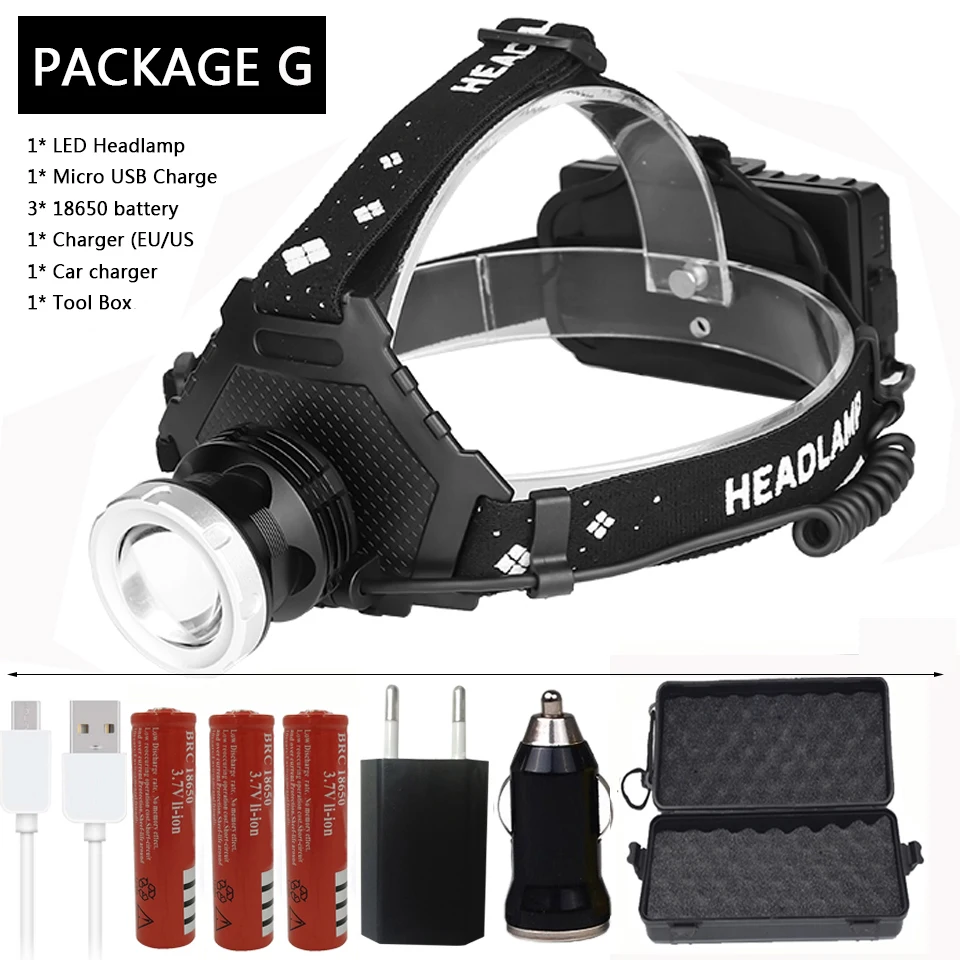 Package G Мощный налобный фонарь Yunmai, светодиодный налобный фонарь, налобный фонарь 32 Вт, налобный фонарь, внешний аккумулятор 7800 мАч, аккумулятор 18650, XHP50.2, XHP70.2 - Испускаемый цвет: Package G