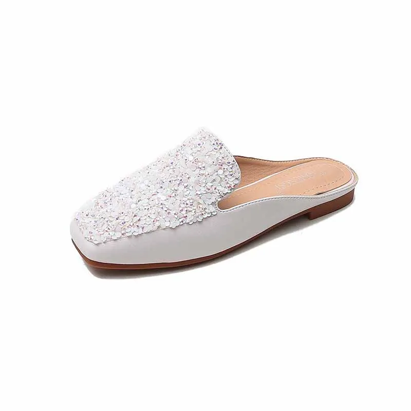 

2021 spring summer mules white slippers flat fashion rhinestone sandals designer black party slippers comfortable women shoes