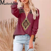 2021 new fashion womens zipper casual loose tops v neck ethnic folk printed long sleeve t shirt autumn ladies street clothing
