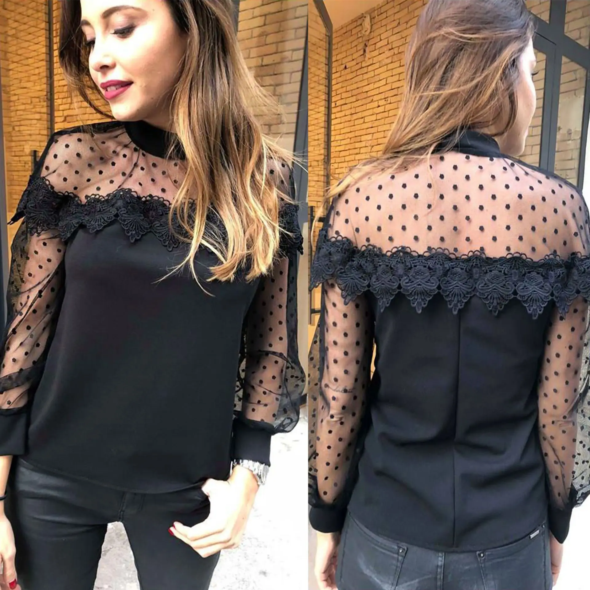Женская блузка с длинным рукавом Черная кружевная сетчатая высоким воротом топы