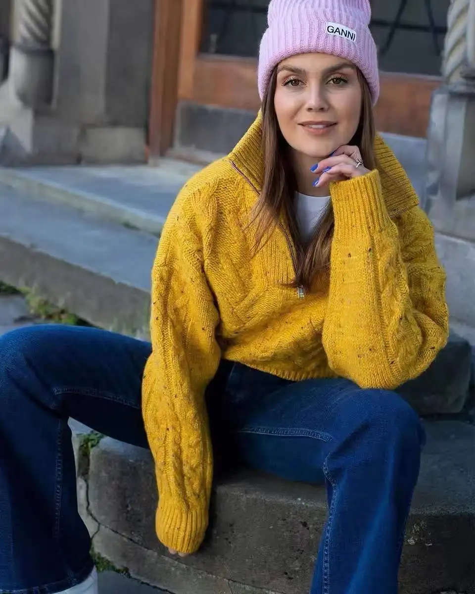 

Новинка Осень-зима 2021, дизайнерский Свободный вязаный свитер с высоким воротником и полумолнией, женский свитер