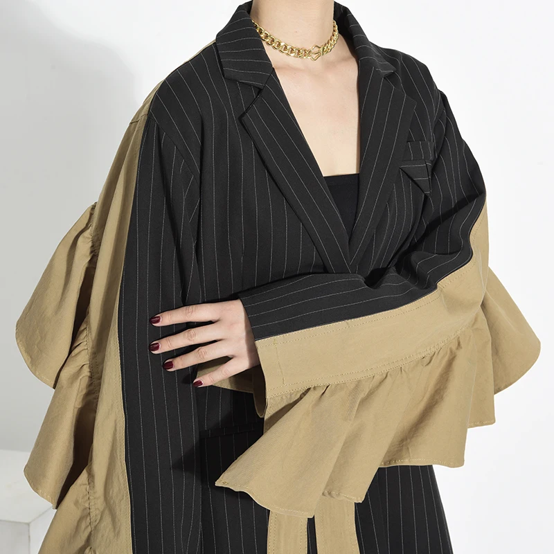 

[EAM] Women Black Ruffles Split Big Size Blazer New Lapel Long Sleeve Loose Fit Jacket Fashion Tide Spring Autumn 2021 1Y22501