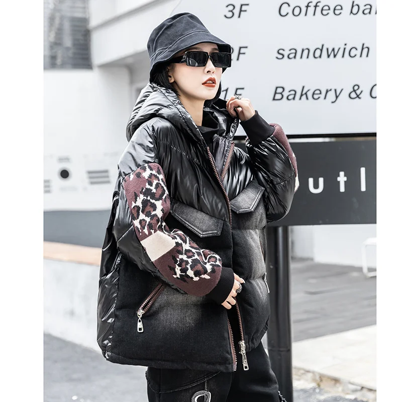 Женские модные джинсовые парки в стиле панк с леопардовым принтом коллекция