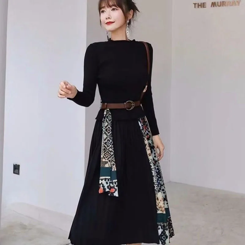 Весна корейский стиль лоскутные принт вязаное модное платье с имитацией двух