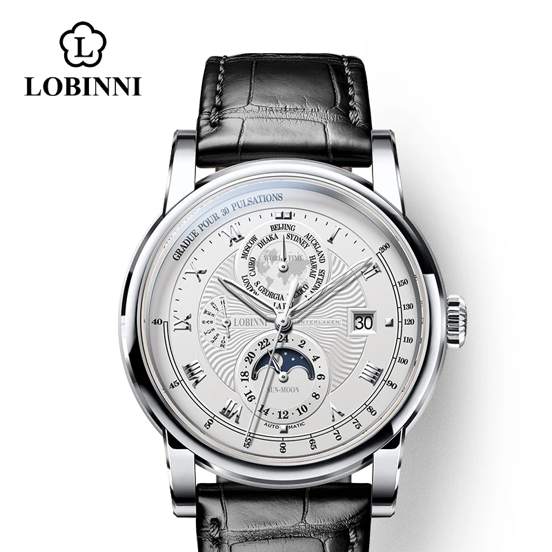 sliver-white-black-s Швейцария LOBINNI мужской роскошный бренд часов Moon Phase автоматические механические мужские наручные часы Сапфировая кожа Чайка движение для мужчин t - Цвет: sliver-white-black-s