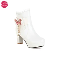 women ankle boots chunky high heel side zipper booties butterfly pearl pendant lace tube white pink black size 43 platform shoes