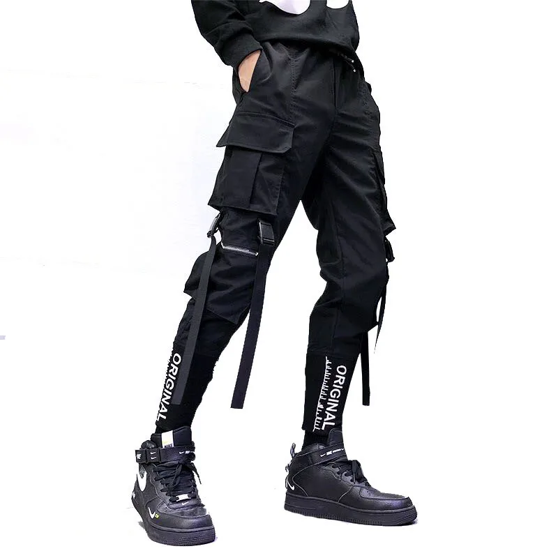 

Hip Hop Men Ribbons Cargo Pants Fashion Harajuku 2021 New Elastic Waist Casual Streetwear Mens Joggers Trousers Black