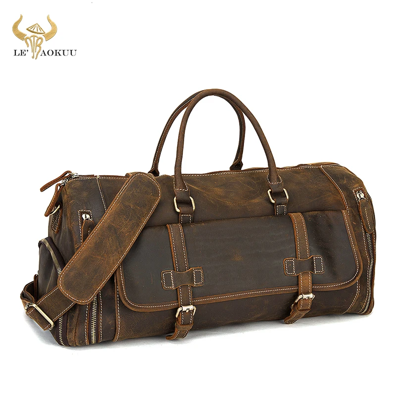 Thick Real Leather Male Larger Capacity Design Travel Handbag Duffle Gym Luggage Bag Retro Travel Suitcase Tote Bag For Men 1336