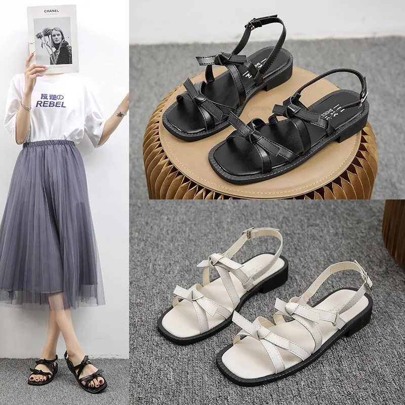 

2021 Flat Slippers Women Sandals Fashion Square Toe Open Toe Flat Sandals Women Outdoor Casual Slippers Sandals Women Shoes A