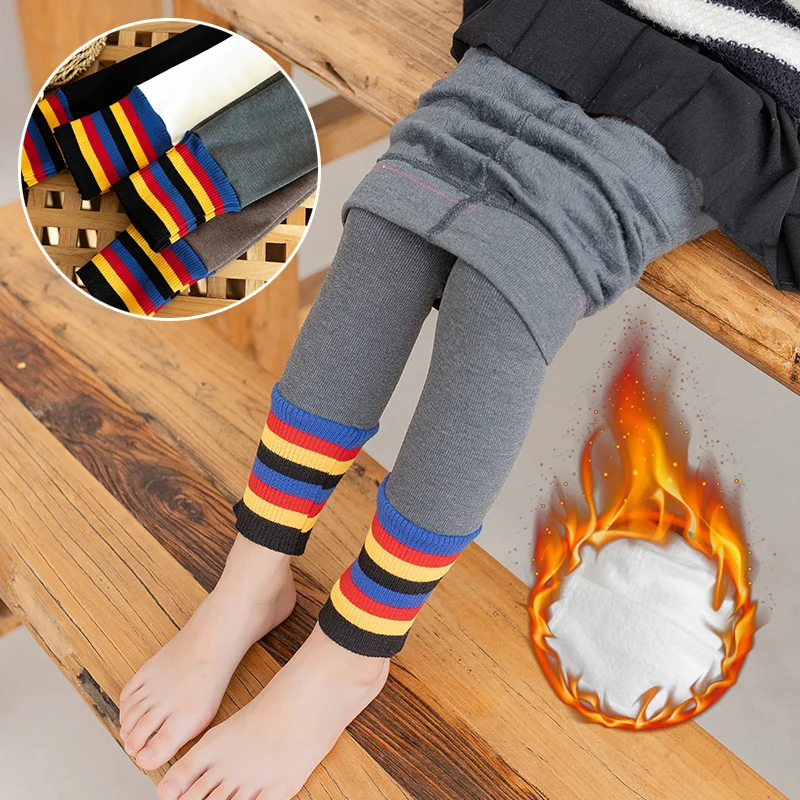 

Леггинсы с флисовой подкладкой для девочек, утепленные Хлопковые Штаны для детей, дышащие зимние штаны в радужную полоску