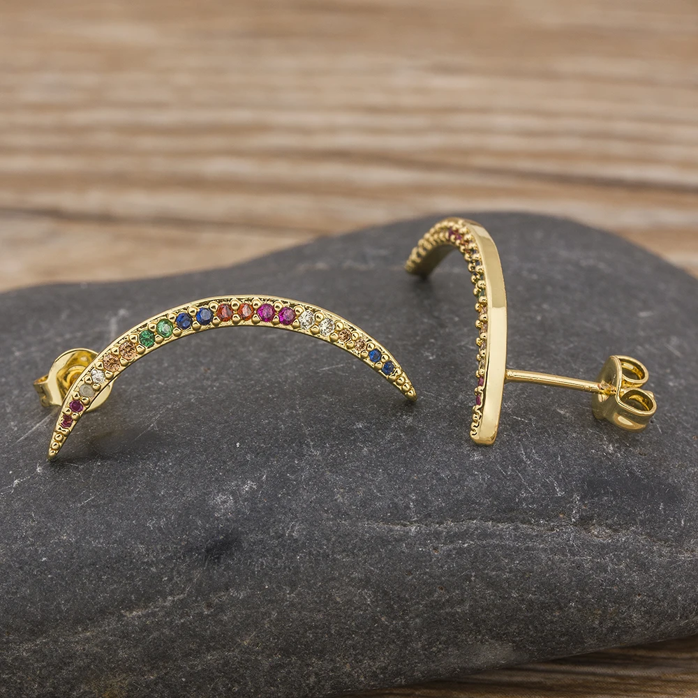 

Popular Rainbow Color Copper CZ Zircon Jewelry High Quality Gold Stud Earrings for Women Girl Party Wedding Exquisite Daily Gift