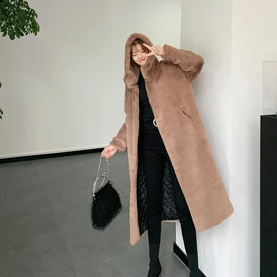 Зимнее Новое высококачественное модное меховое пальто, плюшевая меховая теплая куртка для отдыха, Женское пальто с имитацией норки, толстое длинное пальто с капюшоном большого размера AS927 - Цвет: Light tan
