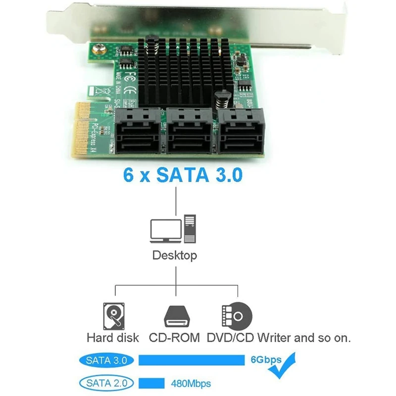 

PCI-E SATA Card, 6 Port with 6 SATA Cable, 6G SATA Controller Expansion Card Build in Adapter Converter for Desktop PC