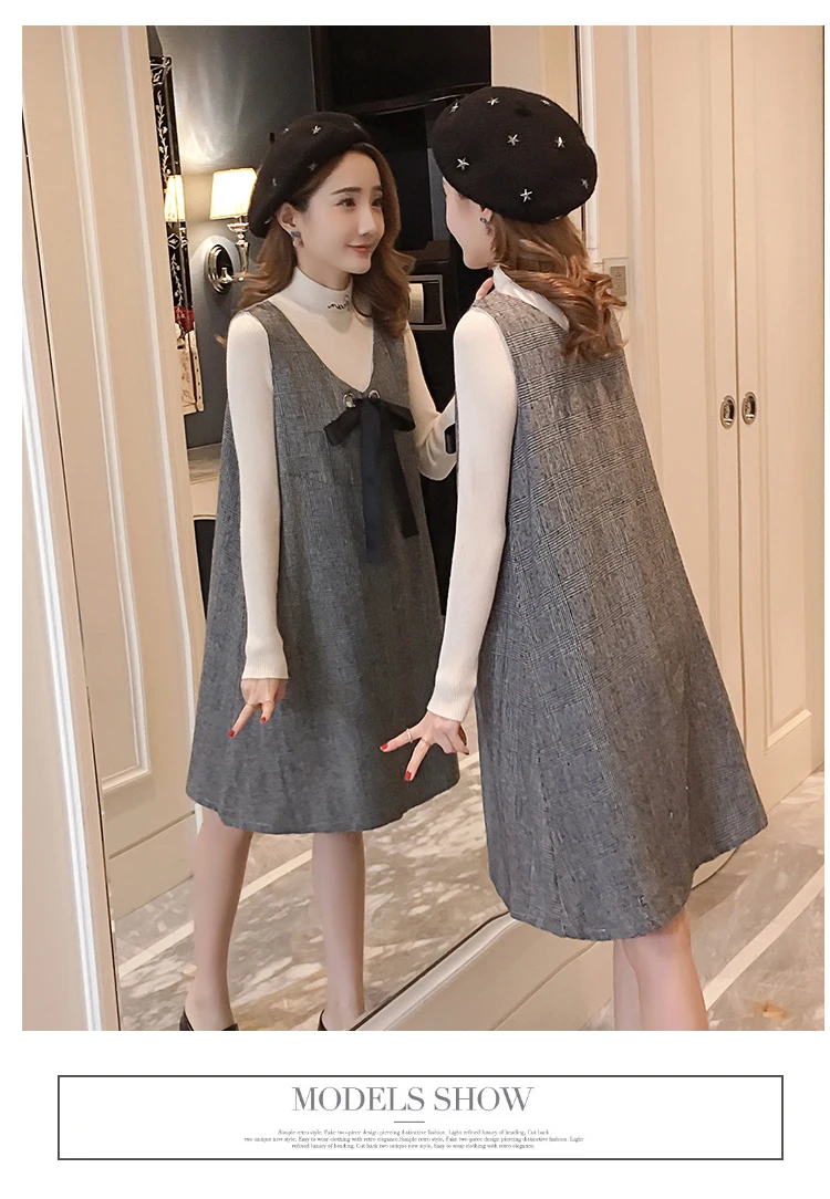 6596# 2PCS/Set Autumn Korean Fashion Maternity Dress Sweet Lovely Straight Loose Clothes for Pregnant Women Fall Pregnancy