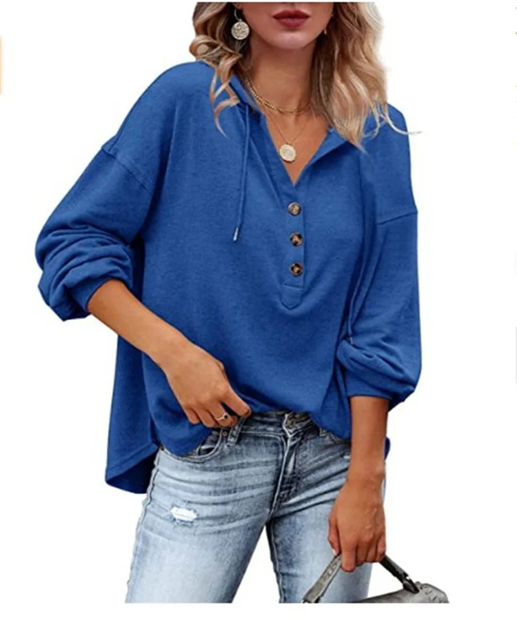 

2021 women's loose V-Neck long sleeve sweater button down sports Hoodie