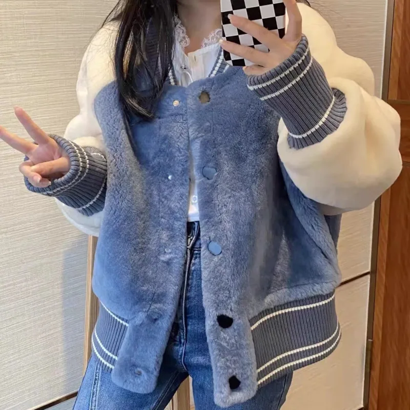 Женское бейсбольное пальто Y2K синего цвета с искусственным Плюшевым Мехом