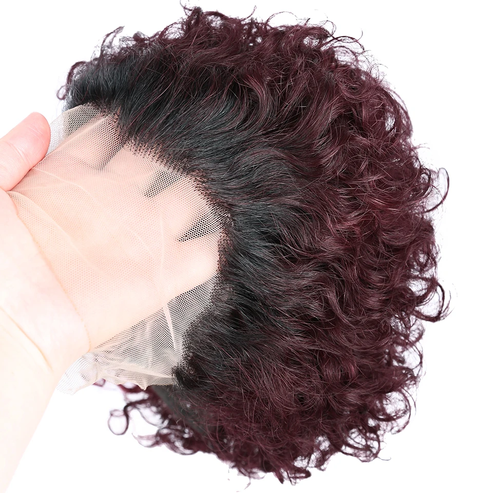 Недорогой парик фея человеческие волосы Омбре 99J Красные Короткие вьющиеся