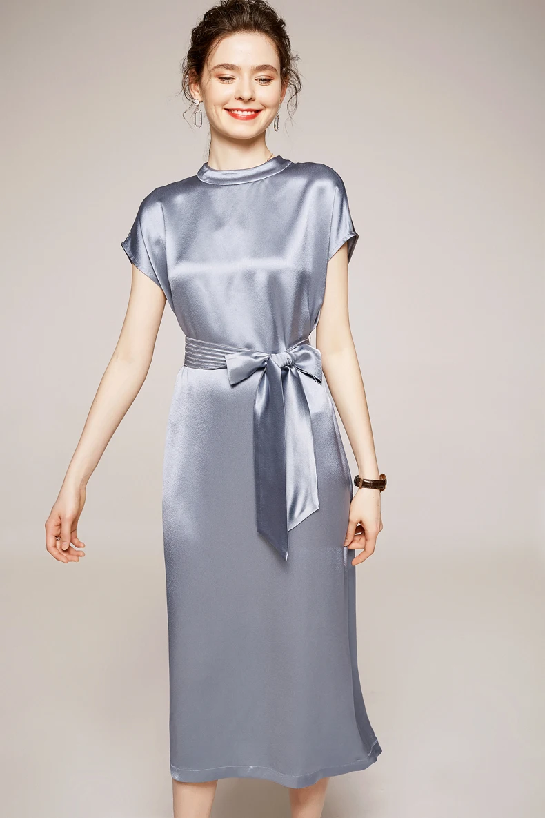 

Women's Runway Dress O Neck Short Sleeves Sash Bow Belt Fashion Casual Acetate dress