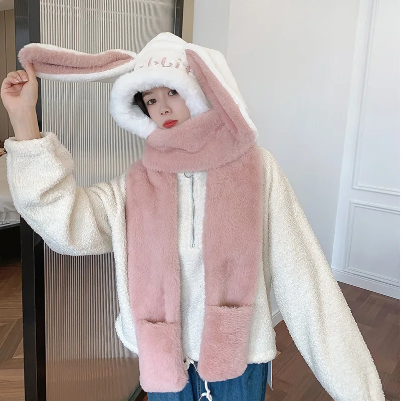 Cute Multi-function Scarf Hat Glove Set Women Woolly Kwaii Rabbit Big Ear Bunny Winter Warm Thickening Pocket Hats Hooded |