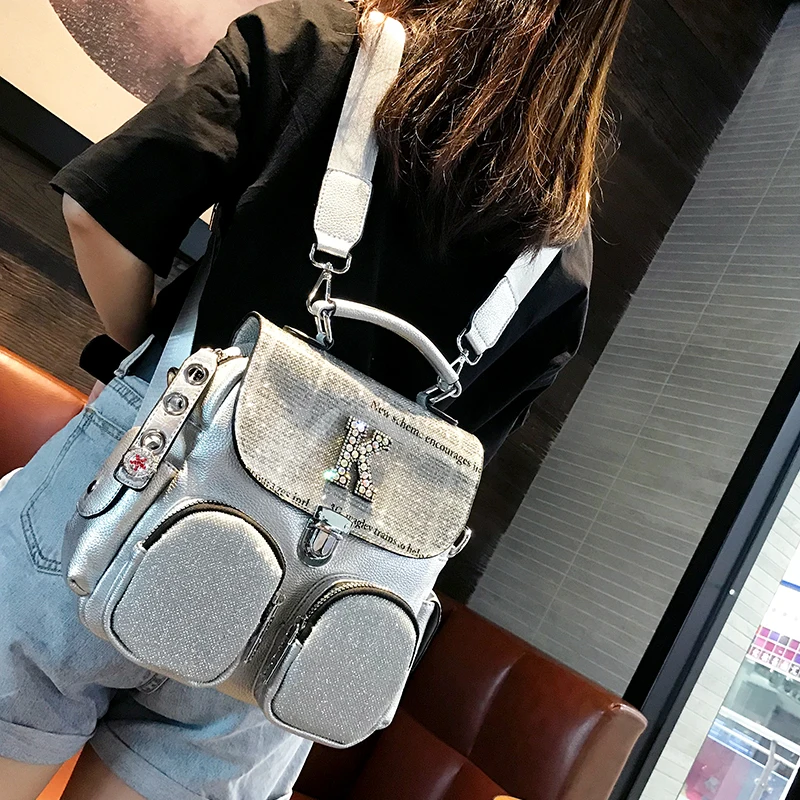 

Lady Silver Designer Diamond Handbag Letter Prints Shoulder Crossbody Bags Women Korean Style PU Leather Travel Sling Bag Female