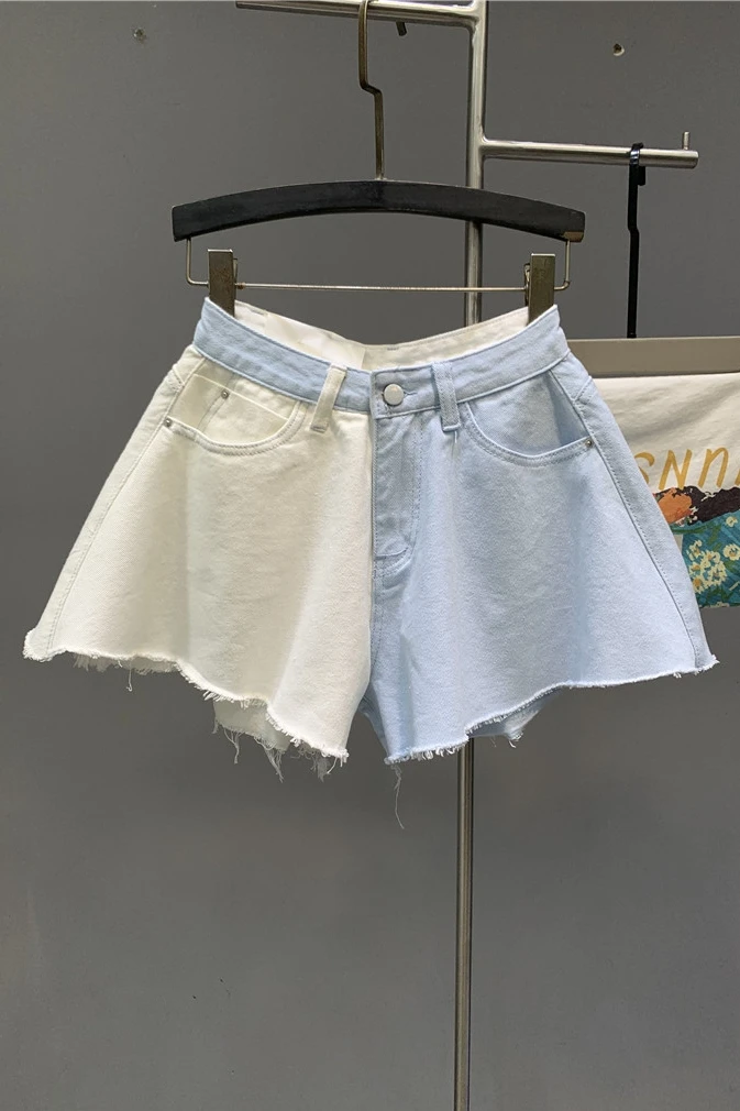 

Korean Style 2020 Summer New Ruffled Denim Shorts AB Surface Contrast Color High Waist Wide Leg A- Line Pants Woman Jeans