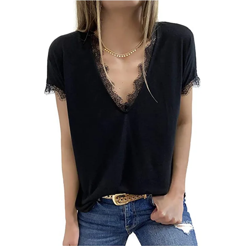 

Pure Color Lace Stitching Women's T Shirt 2021 Summer New Thin Sexy V Neck Short Sleeve Street Fashion Harajuku Ladies Tees