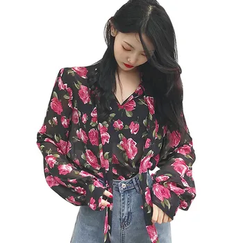 Autumn Women's Vinatge Shirt Floral Print V Neck Sexy Chiffon Long Sleeve Retro Blouses Tops 1