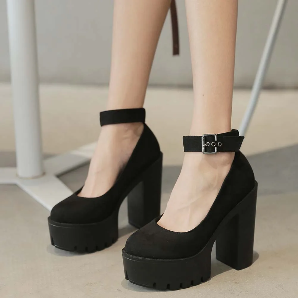 

2021 Elegant Leisure Female Pumps Round Toe Buckle Strap Square High Heel Platform Office Lady Shoes Women
