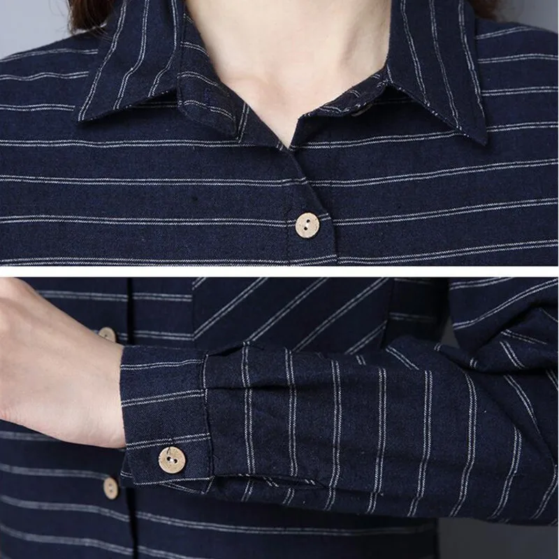 Женская Полосатая Рубашка из хлопка и льна #2910 Весенняя синяя красная черная