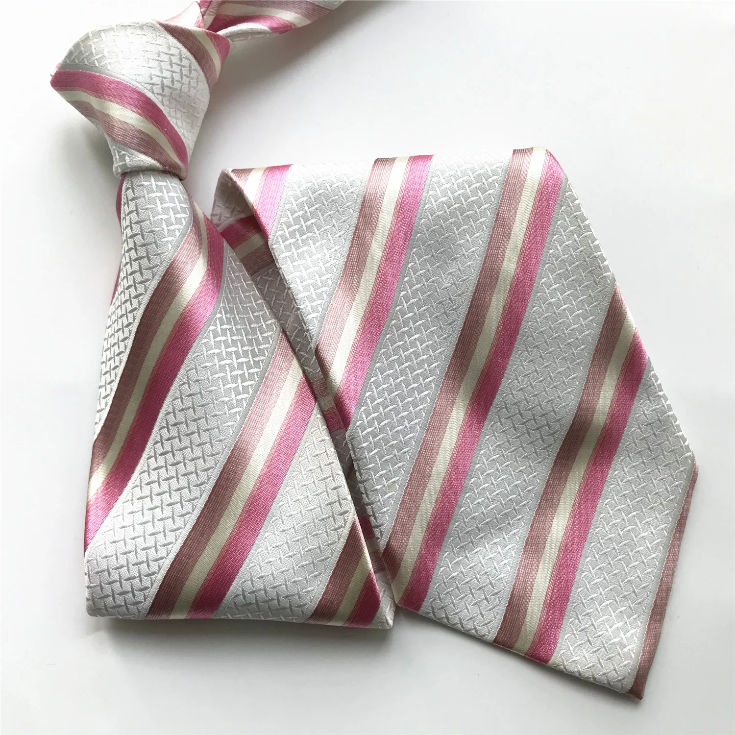 

10 cm Width New Design Men's Ties Jacquard Woven Neck Tie Corbatas White with Pink Stripes Neckties for Men