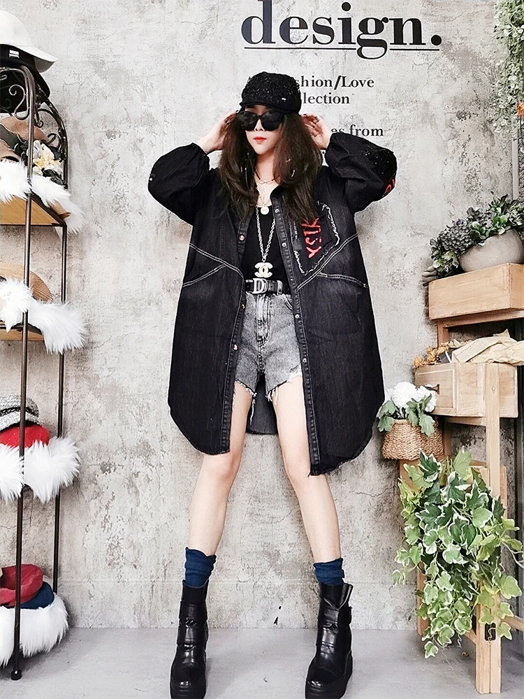 

2021 mid-length black denim jacket female spring loose Korean version was thin wild bf casual tooling jacket trend