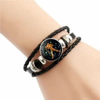 caxybb fashion 12 zodiac signs bracelets constellation glass dome black leather bracelets men birthday gifts for friends