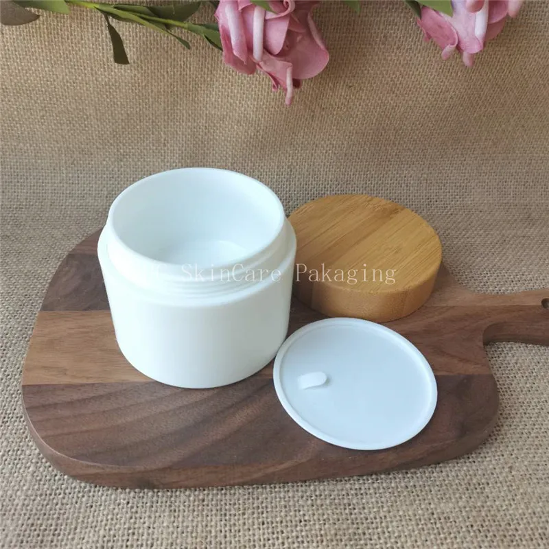 Фото Пустая баночка для крема, оптовая продажа 10 г, 30 г, 50 г, 100g150g 250gWhite PP Пластик с бамбуковой Кепки изготовленным на заказ логосом CBD конопляное контейнер для крема №3