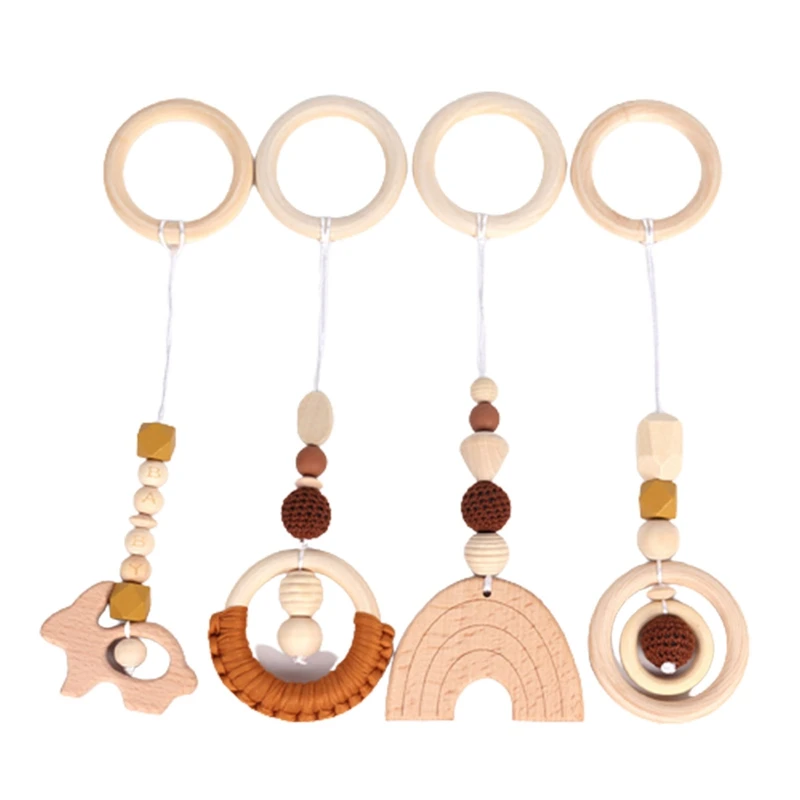 

Four-piece Wooden Pendant Toys Teether Ring Nursing Rattle Toys BABY Letter Beads Cotton Thread Wooden Ring Teether
