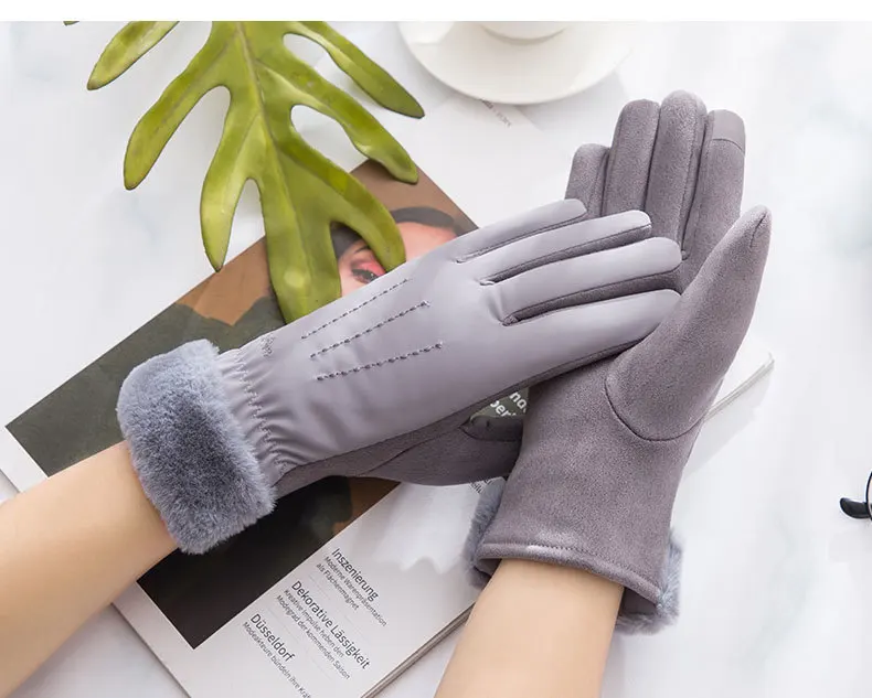 

1Pair Winter Female Warm Cashmere Mittens Double thick Plush Wrist Women Women Suede Leather Touch Screen Driving Gloves WA 008